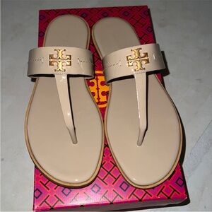 Tory Burch Tan Sandals with Gold Logo Medallion